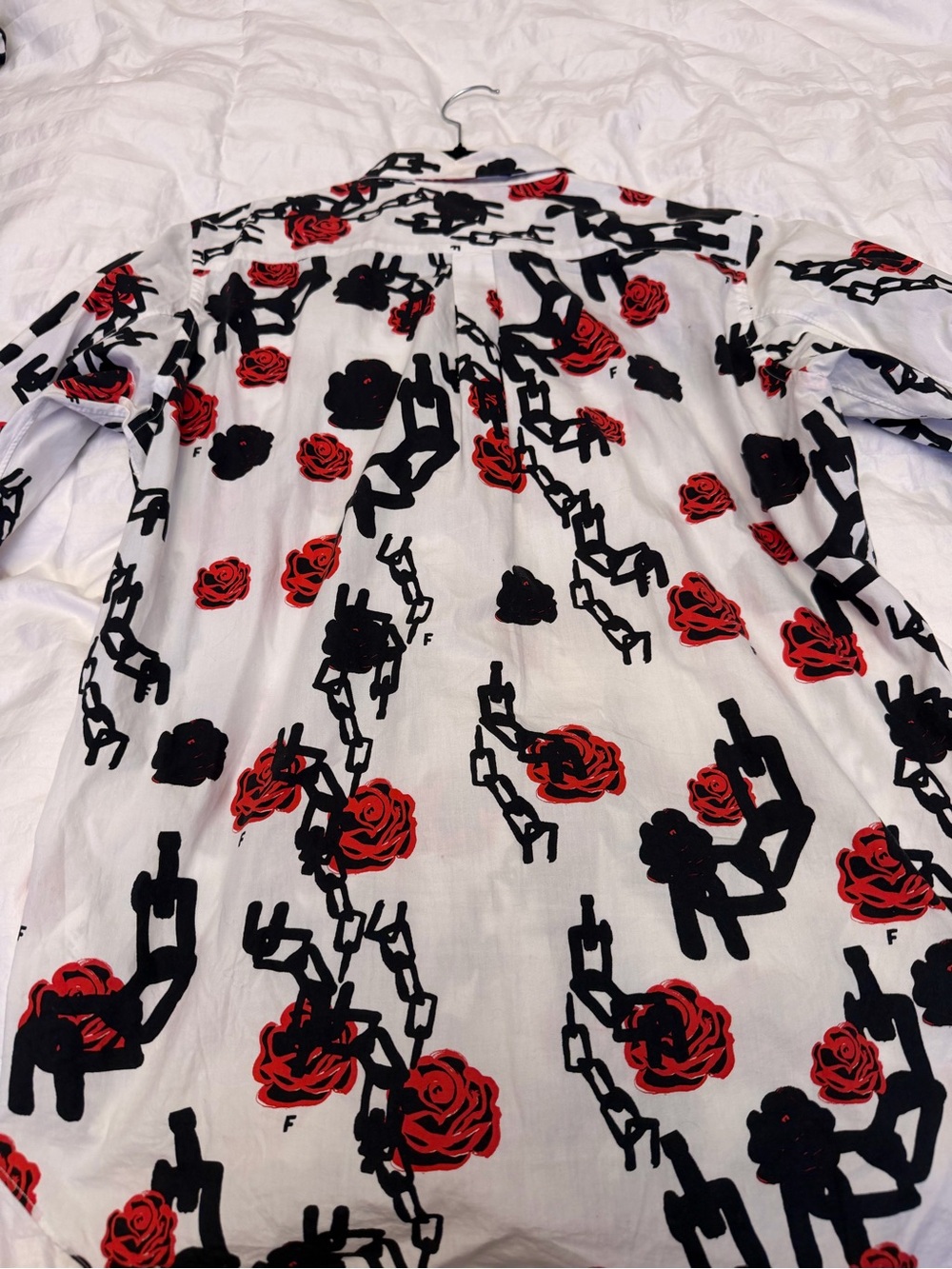 Comme des Garcons White Button-Up Shirt with Red Rose & Black Chain Motif